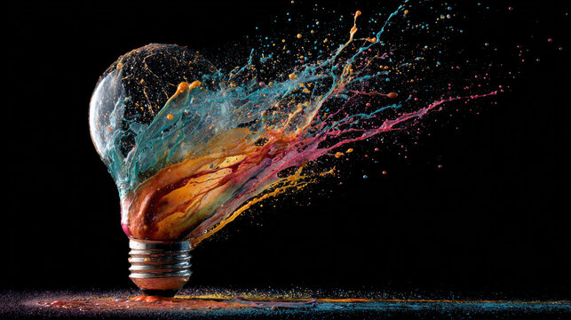 Creative Light Bulb Exploding with Colorful Dry Paint Sparks Concept of Innovation and Ideas
