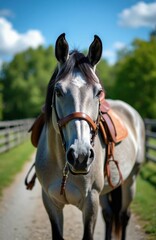 Obraz premium Gray horse with saddle stands calmly on a dirt path. Green trees and fence border the grassy field under a bright blue sky. Equine waits patiently for rider.