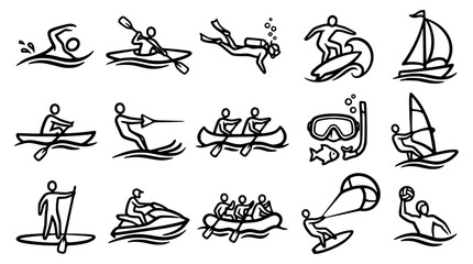 Obraz premium Set of 15 vector icons representing various watersports activities.