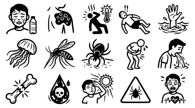 Illustrated icons of potential health hazards, diseases, and dangers.