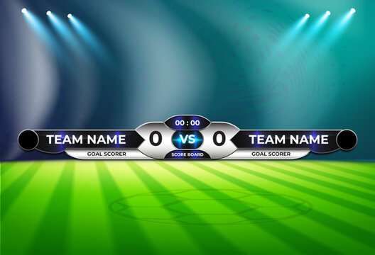 Modern soccer scoreboard overlay template with stadium lights and football field background, digital match score banner UI design