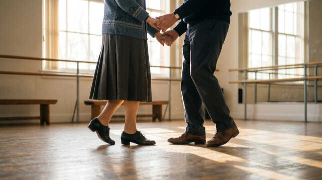 Senior couple dancing together in sunlit dance studio