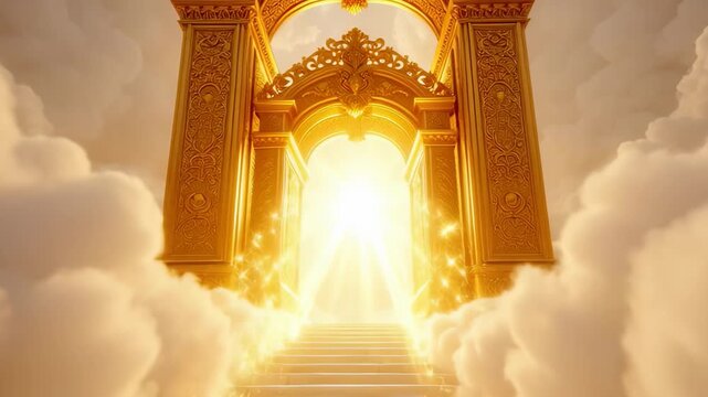 Heaven entrance with light stairs.Bright heaven entrance with glowing stairs leading into light, spiritual afterlife concept symbolizing hope, salvation and divine destination, dramatic clouds scene.