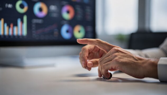 Focused view on hands managing frequency caps in a programmatic campaign tool dashboard metrics and charts softly blurred behind.
