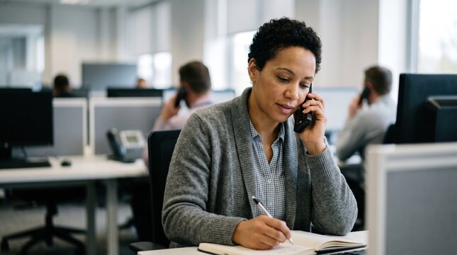 Focused specialist on phone providing clear identity theft monitoring setup instructions victims response slightly blurred for depth emphasis.
