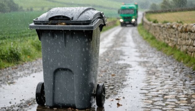 Medium shot of a wheelie bin on a rural lane gravel driveway with blurred countryside fields and a waste collection truck in the distance.