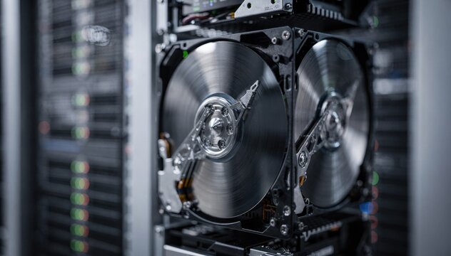 Focused medium shot of backup system drives spinning actively capturing credit profile data redundancy with server lights softly out of focus behind.
