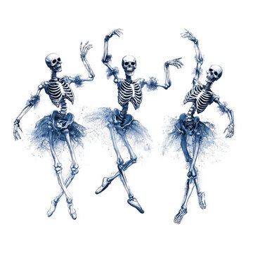 Three Funny Skeletons in Blue Skirts Dancing Ballet Isolated on White Background