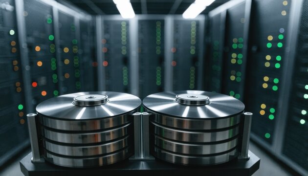 Focused medium shot of backup system drives spinning actively capturing credit profile data redundancy with server lights softly out of focus behind.