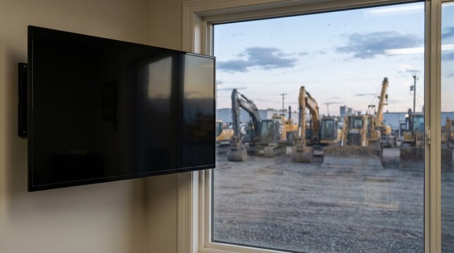 Wallmounted display screen with a cloudpowered telematics system presenting live equipment locations and performance metrics set against an indistinct equipment yard scene.