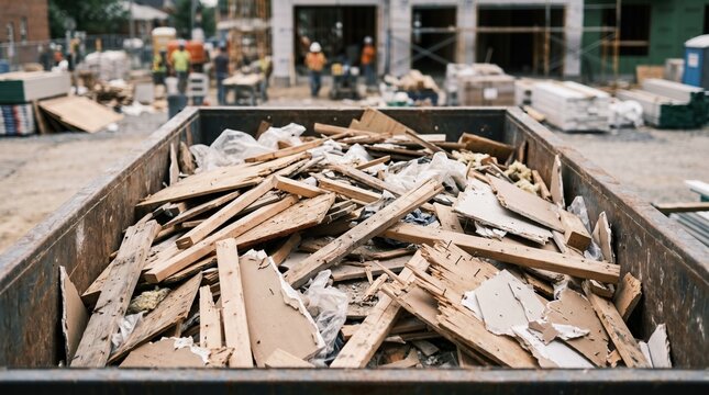 Temporary debris bin packed with wood scraps and drywall pieces on a construction lot capturing textures sharply against a softly blurred backdrop of ongoing work.
