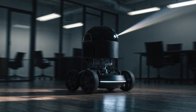Afterhours stealth mode of an autonomous robot sharply focused as it audits devices in a dark empty office with blurred shadows enhancing the quiet tech atmosphere.
