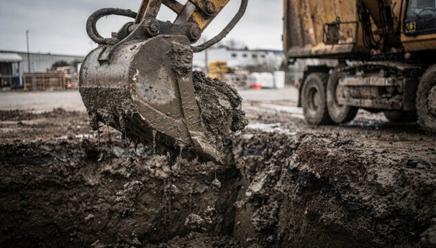Heavy excavator arm transferring contaminated sediments from excavation pit to haul truck focusing on soil and machinery details blurry industrial lot.