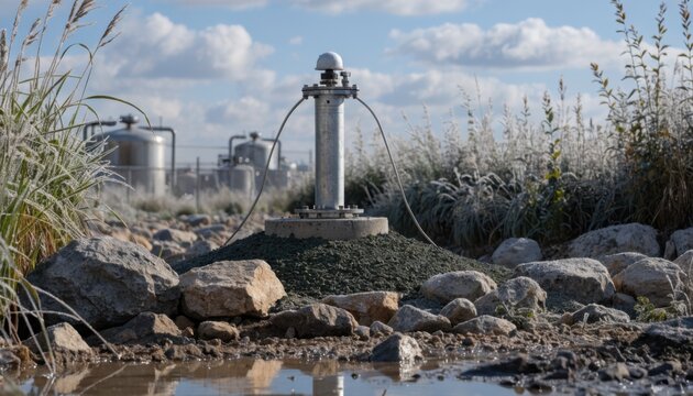 Medium shot of groundwater remediation wellfield showcasing central monitoring well with blurred treatment units and fencing in background.