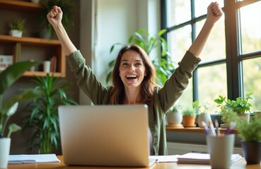 Obraz premium Woman celebrates good news on laptop. She raises hands in joy at home office. Female wins, receives great opportunity, feels excitement and happiness.