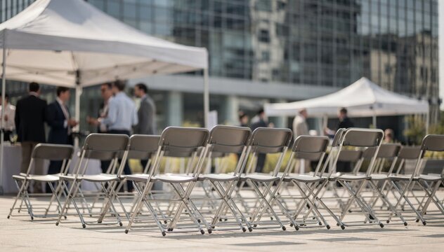 Corporate event scene with crisp folded tents and metal chairs in focus while office buildings and blurred team members create depth.