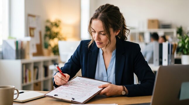 Medium shot featuring a compliance analyst marking up a redline document on a clipboard soft background highlighting meticulous content assessment.