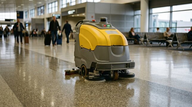 Programmable robotic floor scrubber glides smoothly over expansive airport terminal floors main unit in sharp focus with blurred background of travelers and seating.