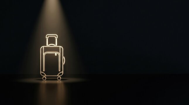 A single luggage icon is illuminated by a spotlight against a dark background. The design is simple with a sleek look, relevant to fintech.