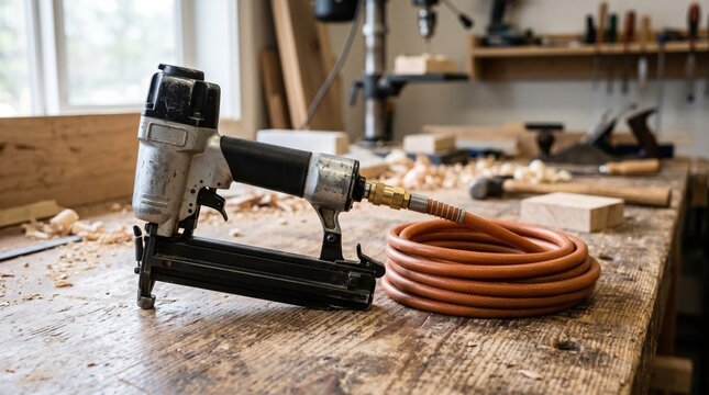 Medium shot of finish carpentry stapler resting on wooden surface compressed air hose coiled beside shallow depth emphasizing tool details