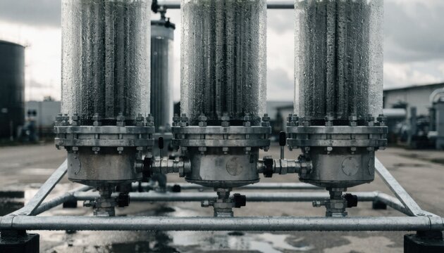 Close medium shot of a groundwater polishing membrane skid emphasizing filter modules with industrial park buildings and machinery blurred in the background.