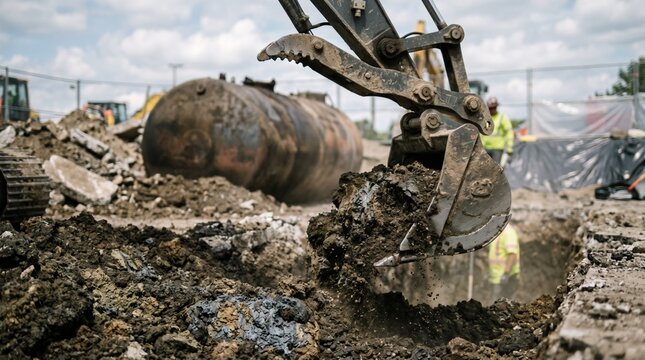 Closeup of soil remediation work at a gas station excavation equipment digging focused soil with an indistinct fuel tank blurred behind.