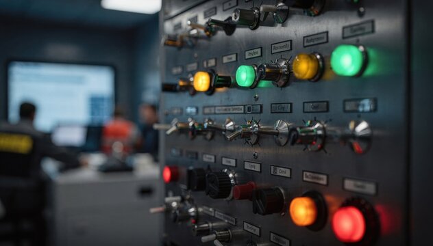 Close focus on redundant power system controls glowing with indicators set against an intentionally blurred background of emergency response operations.