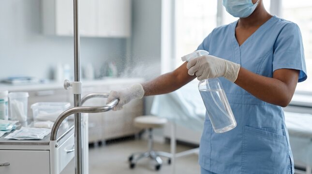 Healthcare worker spraying certified low toxicity plantbased disinfectant on medical equipment hands and cleaner bottle crisp clinic setting softly blurred behind.