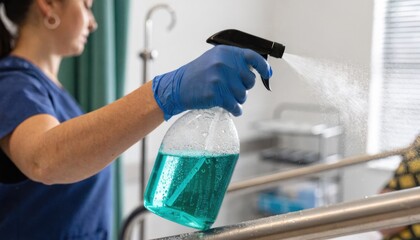 Fototapeta premium Nurse applying certified low toxicity biobased cleaner on hospital bed rail bottle and hand detailed in focus patient room elements softened in the background.
