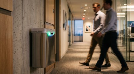 Fototapeta premium Medium shot of a smart waste bin sensor glowing softly at dusk in a busy office tower hallway monitoring fill levels with blurred employees passing by.