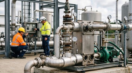 Fototapeta premium Geothermal pilot plant machinery in medium focus with workers examining equipment in soft focus behind.
