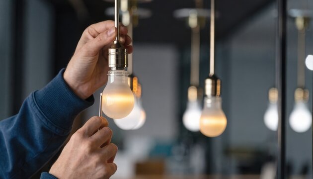 Closeup on tunable white LEDs being programmed for color temperature adjustment with blurred modern workspace details giving context in the backdrop.