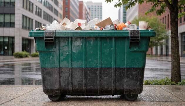 Medium shot showing compacted waste loads inside a commercial dumpster at an office complex emphasizing the bin texture and contents with blurred background