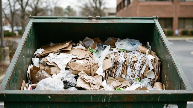 Medium shot showing compacted waste loads inside a commercial dumpster at an office complex emphasizing the bin texture and contents with blurred background