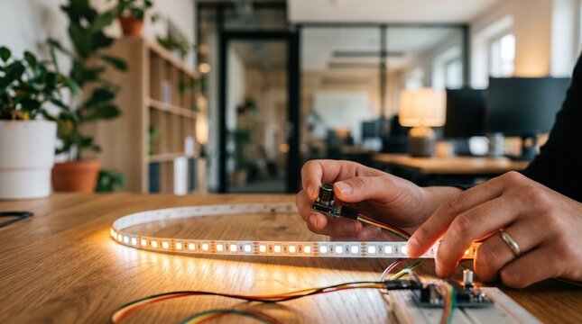Closeup on tunable white LEDs being programmed for color temperature adjustment with blurred modern workspace details giving context in the backdrop.