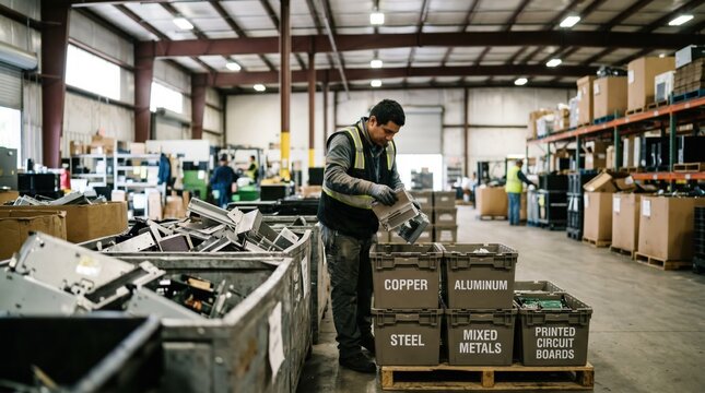 Worker placing sorted metal components into labeled crates in a spacious ewaste warehouse while the surrounding area remains softly blurred.
