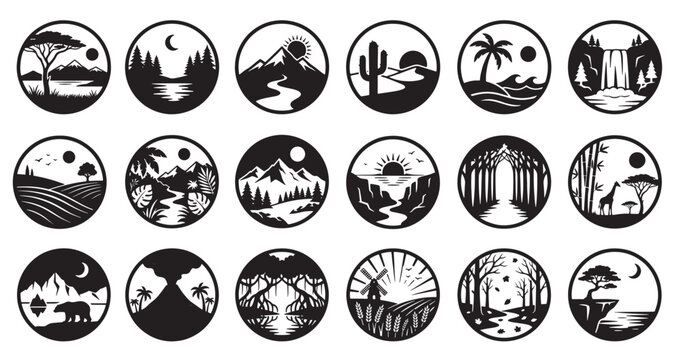 Minimalist landscape icon set featuring mountain forest desert beach waterfall sunset and wildlife silhouettes in circular badges, black and white nature scenes collection