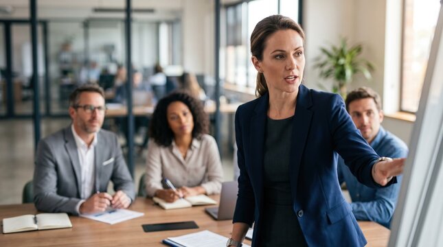 Corporate legal advisor explaining bundled trademark leasing for office essentials main advisor sharply focused with attentive colleagues softly blurred behind.