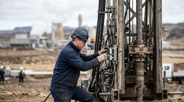 Technician installing sensors on geothermal drilling rig medium shot focused with distant geothermal plant structures blurred.