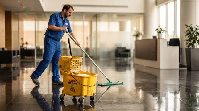 Medium shot of janitor mopping a shiny office lobby floor with main focus on the cleaning bucket while background office furniture remains blurred.