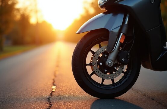 Close-up view of dark scooter tire, disc brake on asphalt road. Golden hour sunlight creates warm glow on pavement, highlighting vehicle detail. Background shows blurred path leading towards sunset.