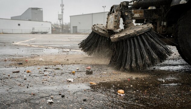 Medium shot of broom truck cleaning an industrial area parking lot focusing on mechanical brushes sweeping litter with faint outlines of factory buildings in the background.