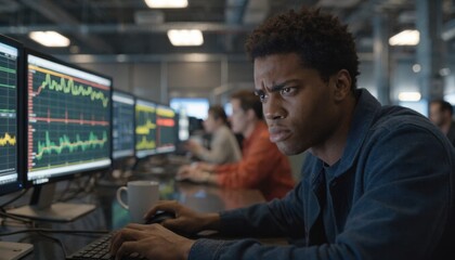 Obraz premium Specialist verifying live data accuracy alerts on multiple screens with graphs main subject sharp and background team purposely out of focus to highlight urgency.