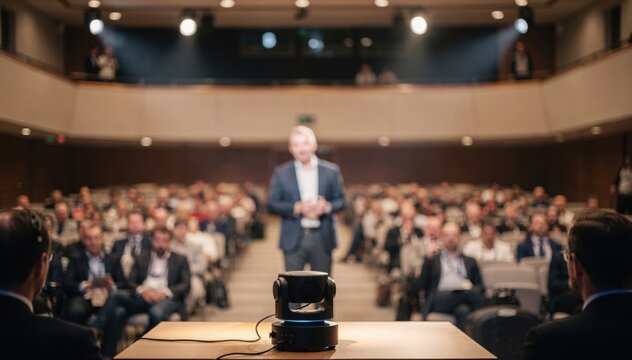 Automated PTZ camera smoothly tracking keynote speaker in a large auditorium with soft focused audience seating in the background.