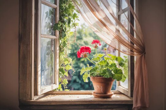 Bright red geraniums in terracotta pot on windowsill with flowing curtains and greenery outside