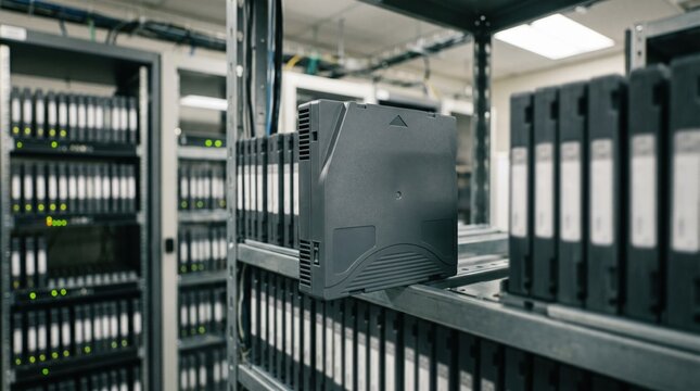 Credit report backup tapes in a medium shot main tape case sharp in focus surrounded by outoffocus storage racks representing data redundancy.