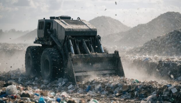 Medium shot capturing landfill compactor pressing down trash on a dusty day focusing sharply on the machine with soft muted surroundings