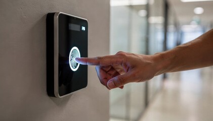 Naklejka premium Medium shot of a biometric fingerprint reader with a hand pressing the scanner blurred office corridor in the background emphasizing secure access control zones.