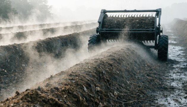 Medium shot of specialized machinery turning long windrows of organic waste in a foggy morning at a compost facility highlighting moisture and steam rising from warm piles.