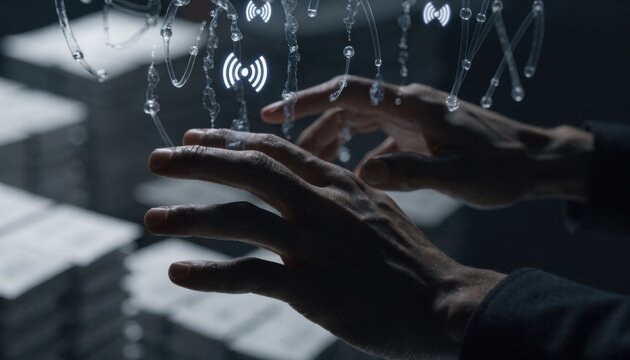 Closeup of hands interacting with a holographic interface displaying 4G network symbols focused on patent documents blurred in the background.